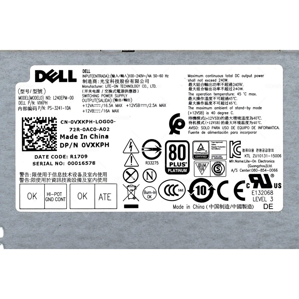 VXKPH DELL 240W FOR OPTIPLEX 3040 5040 7040 9040 PRECISION T3420 INSPIRON 3650